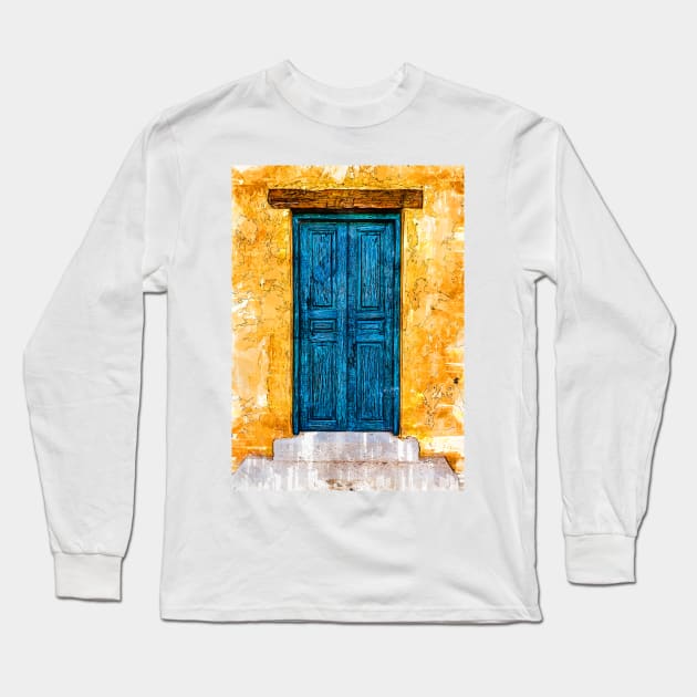 Vintage Old Blue Wooden Door And Yellow Wall Long Sleeve T-Shirt by ColortrixArt